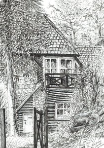 The Log House, 2019, (blæk på papir) af Vincent Alexander Booth