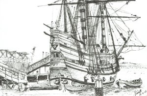 The Mayflower, Plymouth, Massachusetts. 2003, (blæk på papir) af Vincent Alexander Booth