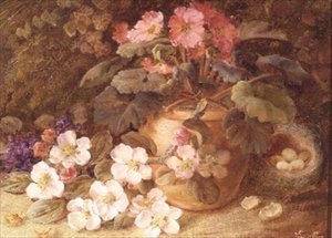 Stilleben med æbleblomst, primula og fuglerede