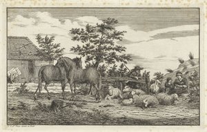 Hyrde med siddende kvinde og børn med får og to heste af Vincent Jansz. van der Vinne