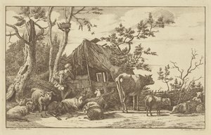 Siddende hyrde med kvæg foran en nedlagt lade af Vincent Jansz. van der Vinne