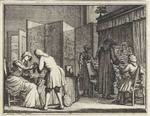 Figurer omkring en syge seng og en læge, der forbinder en kvinde