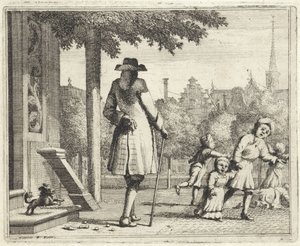 Hund gøer ad en mand i en gade af Vincent Laurensz. van der Vinne (II)