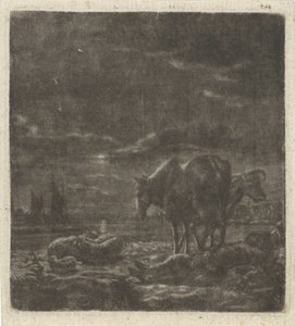 Natlandskab med sovende hyrde og kvæg af Vincent Laurensz. van der Vinne (II)