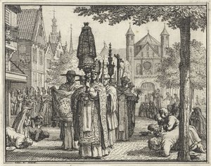 Procession med en statue gennem en gade