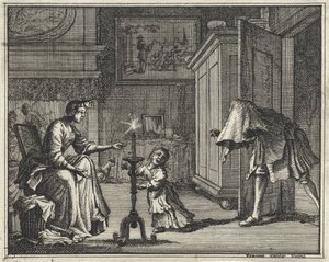 Far skræmmer et barn i et interiør af Vincent Laurensz. van der Vinne (II)