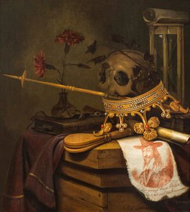 Et Vanitas-stilleben med kranie, krone, scepter, fløjte, bælge, timeglas, nelliker i en glasvase, rulle, bog og et indgraveret portræt af Charles I af Vincent Laurensz van der Vinne