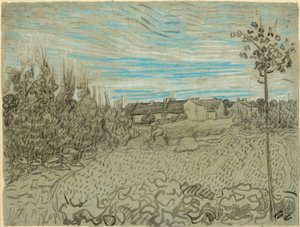 Hytter med en kvinde, der arbejder i mellemgrunden af Vincent van Gogh