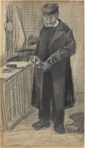 Mand der pudser en støvle, 1882 (sort kridt og grå vask, med hvid forhøjning på vævet papir) af Vincent van Gogh