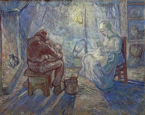"Nat" (Nat) Bondefamilie i et interiør - Maleri af Vincent van Gogh (1853-1890) efter Millet af Vincent van Gogh