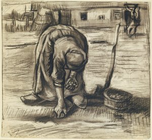 Bondekvinde, der planter kartofler, ca. 1885 (sort kridt og trækul på papir) af Vincent van Gogh