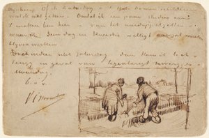 Postkort med to bønder, der graver, 1885 (pen og brun blæk på postkort) af Vincent van Gogh