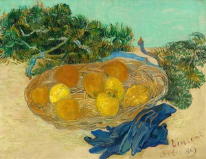 Stilleben af appelsiner og citroner med blå handsker, 1889. af Vincent van Gogh