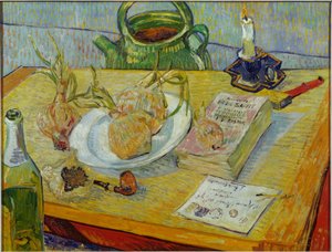 Stilleben med tegnebræt, rør, løg og tætningsvoks af Vincent van Gogh