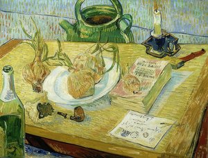 Stilleben med tegnebræt, pibe, løg og forseglingsvoks. 1889 af Vincent van Gogh