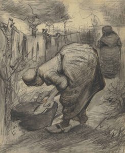 Bondekvinde med en dam i en have (1885) af Vincent van Gogh