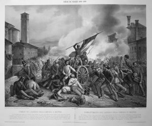 Slaget ved Albergo della Campana ved Mestre den 27. oktober 1848 under belejringen af Venedig i 1848-9 (litho) af Vincenzo (after) Giacomelli