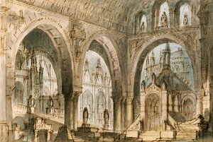 Scenografi af Francesco Bagnara til fjerde scene af Capuleti og Montecchi, opera af Vincenzo Bellini (1801-1835), opført på La Fenice Theatre i Venedig