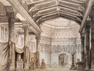 Scenografi af Francesco Bagnara til anden scene af Norma, opera af Vincenzo Bellini (1801-1835), opført på La Fenice Theatre i Venedig