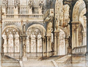 Scenografi af Francesco Bagnara til tredje scene af Capuleti og Montague, opera af Vincenzo Bellini (1801-1835), opført på La Fenice Theatre i Venedig