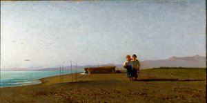 Udsigt over stranden i Viareggio morgensolen på den toscanske kyst, to silhuetter af børn. Maleri af Vincenzo Cabianca (1827-1902)