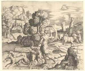 Jægerinden Diana i et landskab, ca. 1530-42. af Vincenzo Caccianemici
