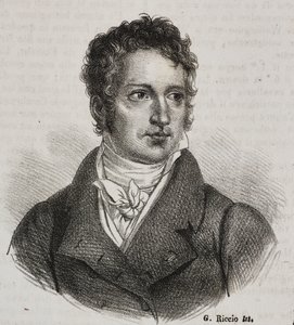 Portræt af Vincenzo Camuccini (1771-1844), italiensk maler og restauratør, litografi af Gaetano Riccio fra Poliorama Pittoresco, n 16, 23 november