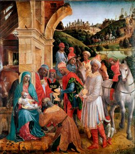 Tilbedelse af Magi Maleri af Vincenzo Foppa (ca. 1427-1515) Søn. 239x210 cm London, National Gallery - The Adoration of the Kings, af Vincenzo Foppa (c.1427-c.1515). Olie på poppel, 239x210 cm, ca.1500. National Gallery, London, Storbritannien