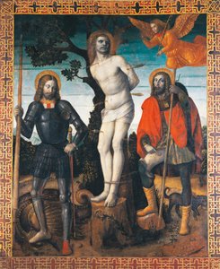 St. Sebastian, St. Rocco og St. Giorgio, bagsiden af Orzinuovis processionsbanner, af Vincenzo Foppa (ca1427 - ca. 1515), maleri på lærred.