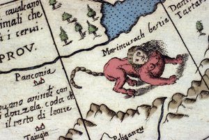 Repræsentation af en manticore, et fantastisk væsen med et menneskehoved (ofte med horn, blå øjne og tre rækker af tænder) og en skorpion eller dragehale og en løvekrop. Detalje af et verdenskort af Vincenzo coronelli (1650-1718). 17. århundrede