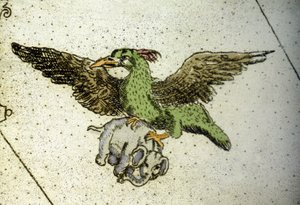 Kæmpefuglen Rok bærer en elefant mellem sine drivhuse for at give den til sine unger, detalje af et verdenskort af Vincenzo Coronelli (1650-1718). 17. århundrede
