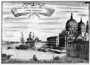 Venedig, Italien. Santa Maria della Salute-kirken designet af arkitekten Baldassare Longhena, og det maritime toldvæsen. I "" Singularity of Venice "" af Vincenzo Coronelli (1650-1718).