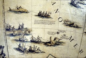 Hvalfangst i Stillehavet. Detalje af en Coronelli-klode fra det 17. århundrede.