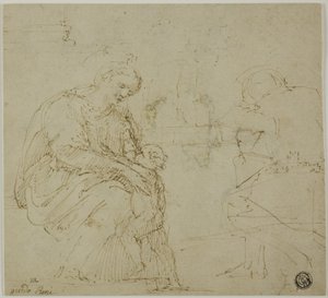 Skitser af Jomfru og Barn, Siddende Figur og Landskab af Vincenzo Tamagni