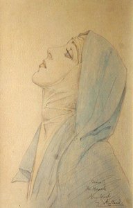 Diana Cooper i profil og Madonnaen i "Miraklet" af Max Reinhardt, New York, ca. 1923 (blyant og akvarel) af Violet Duchess of Rutland