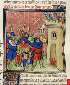 Detalje af en miniature af det tredje korstog i Pastoureaux. Jøder smider deres børn fra et tårn efter 1380