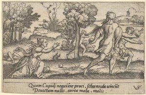 Atalanta og Hippomenes, i forgrunden Atalanta, der knæler for at samle et æble op og..., ca. 1535-62.