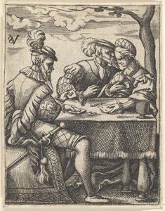 To mænd og en kvinde spiller kort ved et bord, en mand presser sin næse mod ..., ca. 1535-62.