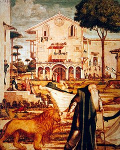 Detalje af Sankt Hieronymus, der tæmmer løven, ca. 1501-09 (detalje af 60932) af Vittore Carpaccio