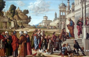 Tysk: Die Weihe des Heiligen Stephanus zum Diakon Indvielse af Sankt Stefan som diakon af Vittore Carpaccio