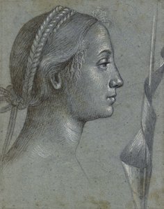 Rekto: Hoved af en kvinde med en vimpel viklet om en stang (sort kridt med brun vask, forhøjet med hvid kropsfarve på lyseblågråt papir) af Vittore Carpaccio