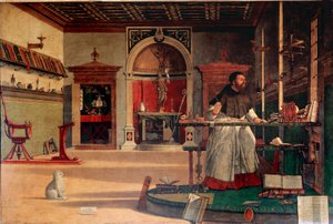 Saint Augustine på sit kontor eller "The vision of Saint Augustine" Hippo eveque er repræsenteret i et øjeblik med stor inspiration. Maleri af Vittore Carpaccio (ca. 1460-1526) 1502-1507 søn. 141x210 cm Venedig, Scuola di San Giorgio degli Schiavoni