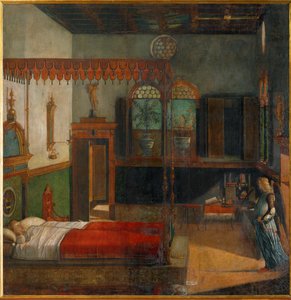 Sankt Ursula drømmer om sit kommende martyrium, som annonceres af en engel (maleri på lærred) af Vittore Carpaccio