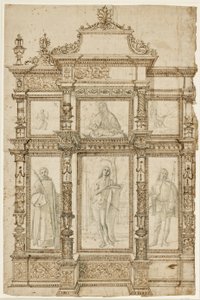Studie til en altertavle med seks billeder sat i en udsmykket struktur af rammer. Øverst: Stigmatiseringen af St. Francis, Madonna og Child, St. Hieronymus i ørkenen; nederst: Sts Lawrence, Sebastian og Roch af Vittore Carpaccio