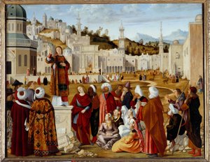 Forudsigelsen af St. Stephen i Jerusalem Maleri en del af en serie udført for kapellet i Scuola si Santo Stefano i Venedig. Maleri af Vittore Carpaccio (1450/54-1525/26) søn. 1,4x1,9 m - St. Stefans prædiken (St. Etienne) i Jerusalem. Det af Vittore Carpaccio