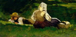 Siddende kvinde og dreng liggende på græsset af Vittorio Avondo (1836-1910).