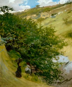 Træstabel i landskab af Vittorio Matteo Corcos (1859-1933), olie på lærred, 53x43 cm af Vittorio Matteo Corcos