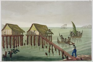 Papu-stammens bolig, Rawak, planche 22 fra "Le Costume Ancien et Moderne" af Jules Ferrario, udgivet omkring 1820-30
