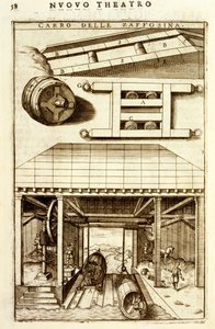 Hestedrevet hydraulisk remskivemekanisme til at flytte gods mellem land og vand, 1607