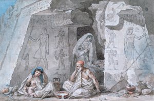 Egyptisk familie uden for en gammel grav, 1800-tallet